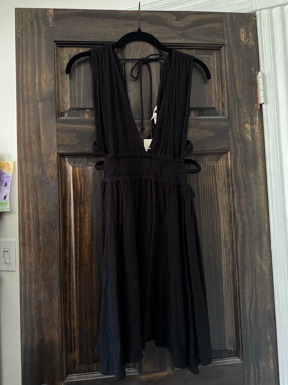 Black Pleated Plunge Mini Dress
